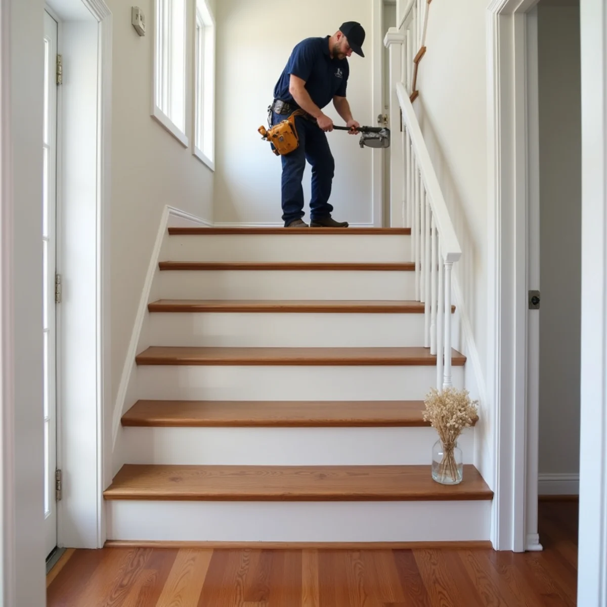 Troy Colonial Carpet-to-Oak Stair Conversion before work commenced